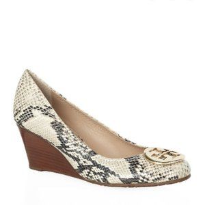 Tory Burch Sally Wedges Heels Shoes in Snake Skin Print with Gold Logo Size 8M
